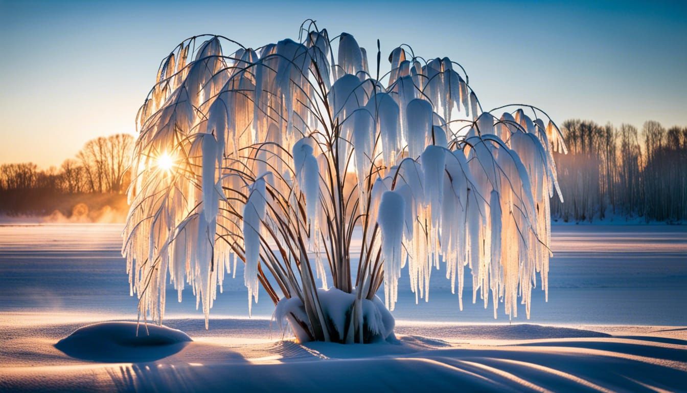Ice Willow Tree Sculpture on Frozen Lake