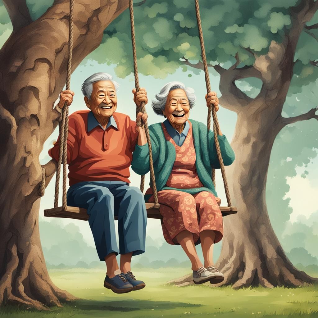 Joyful Old Couple on a Swing