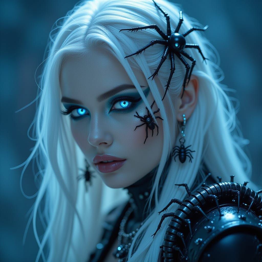 Gothic Woman with Metal Spiders in Biomechanical Style
