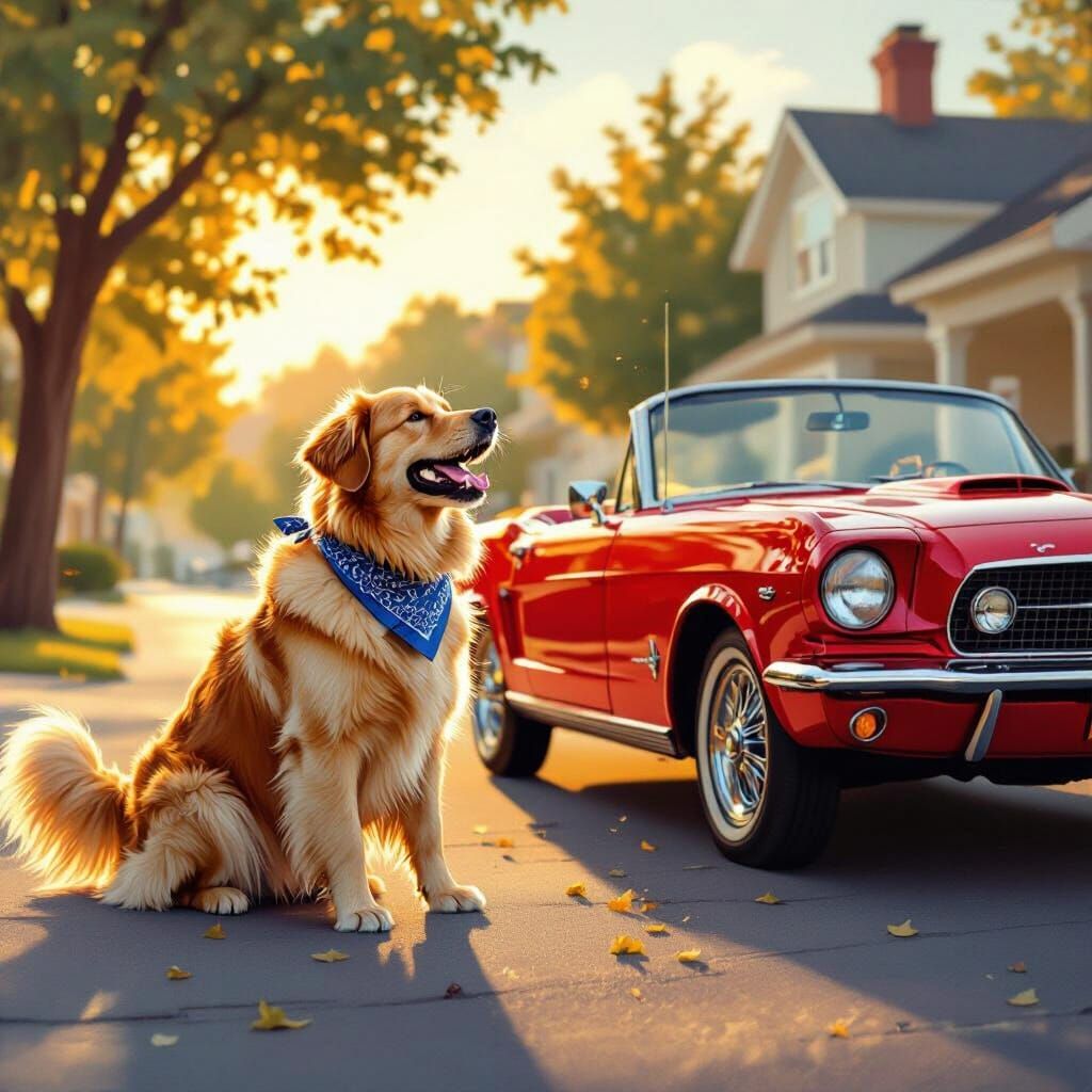 Golden Retriever Barks at Vintage Car at Golden Hour