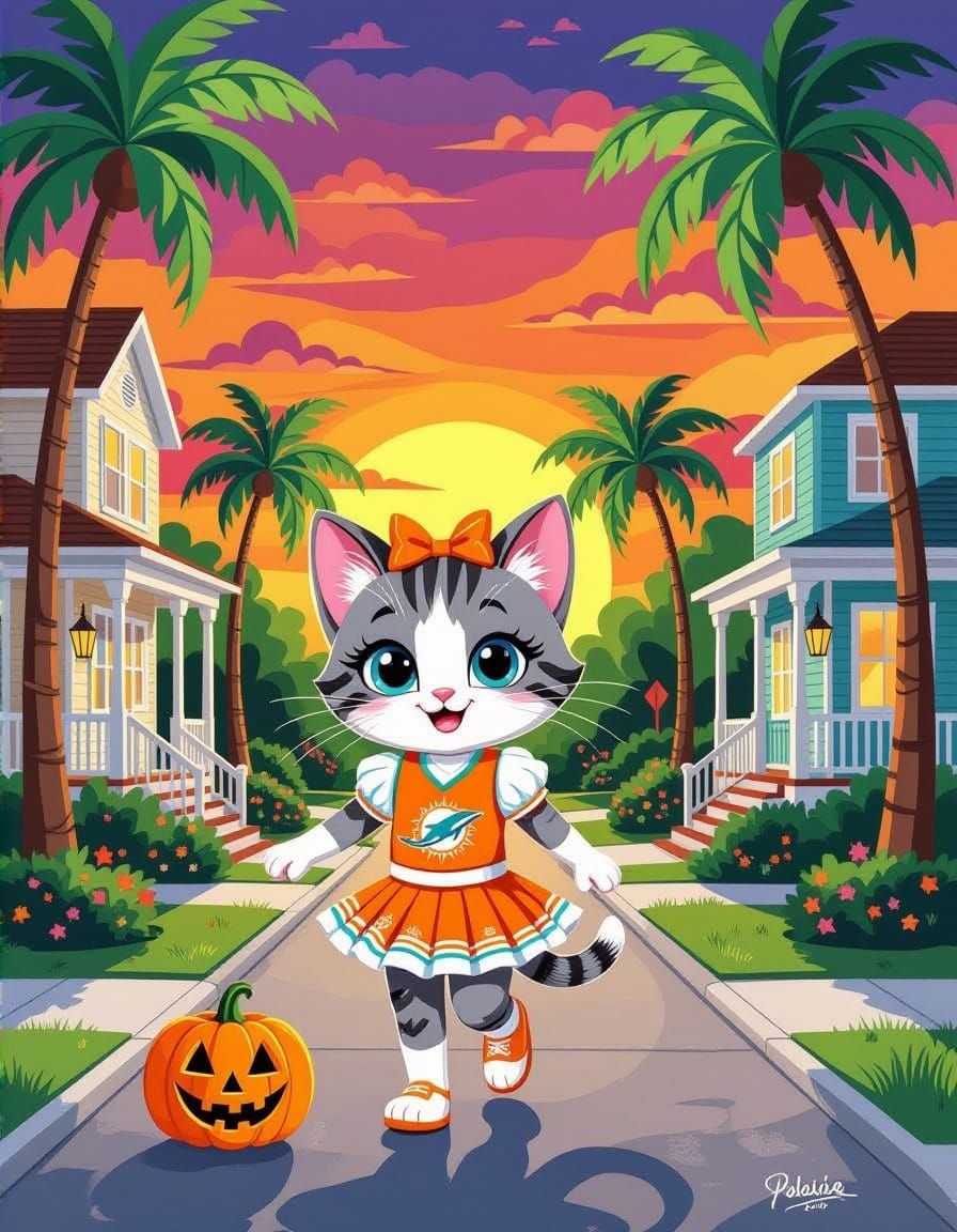 Adorable Kitten Cheerleader Trick-or-Treating in Miami