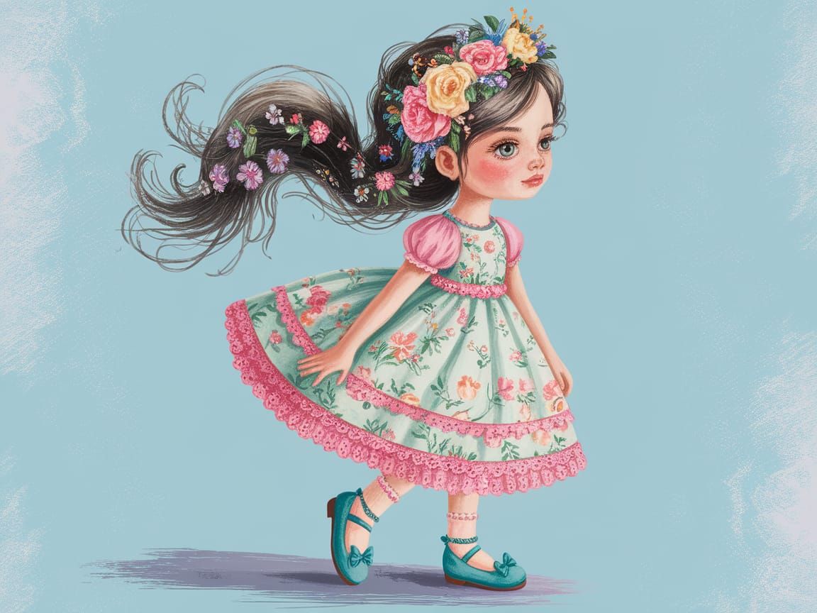 Whimsical Girl with Flowers in Digital Art Style