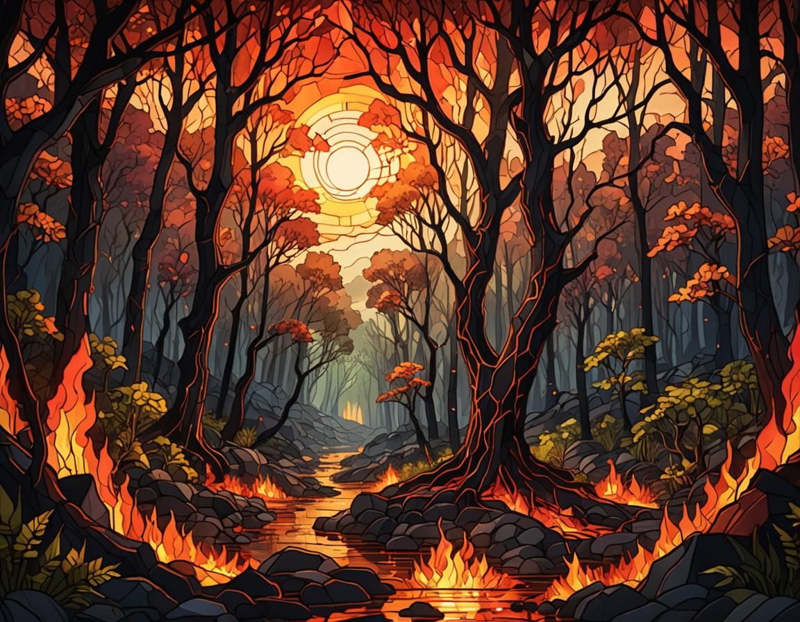 Fiery Lava Forestscape in Metallic Stained Glass