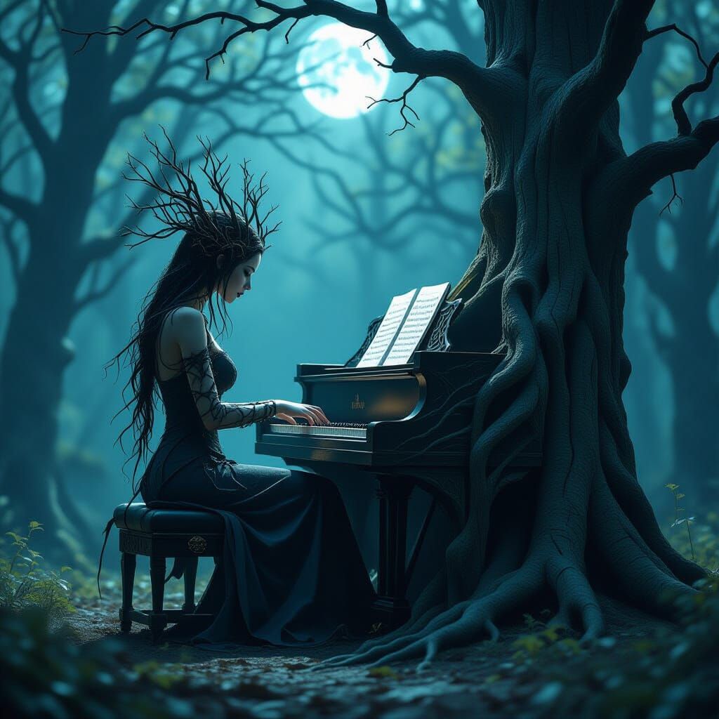 Eerie Forest: Branch Woman Plays Oak Piano