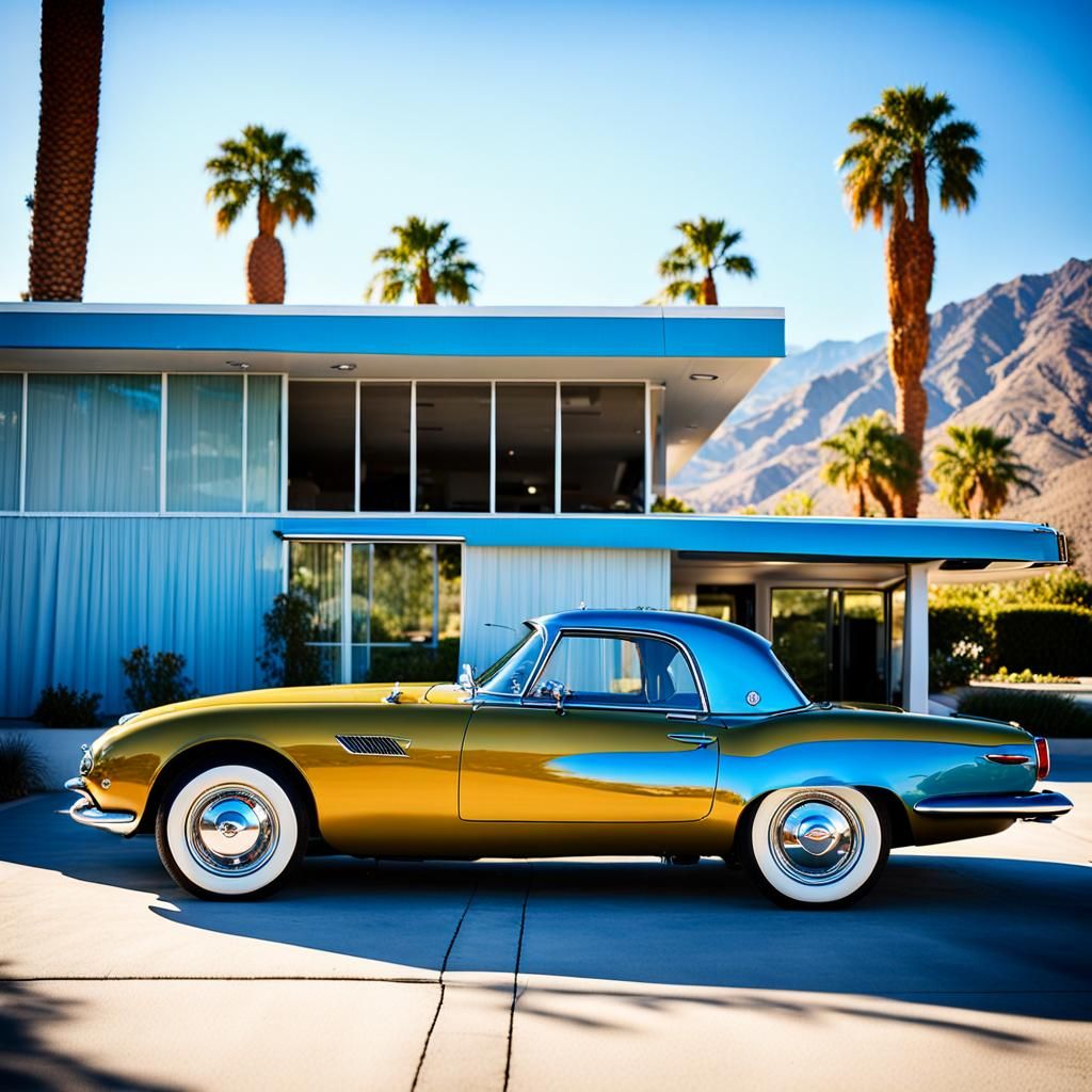 Blue Car Outside 1960s Palm Springs House