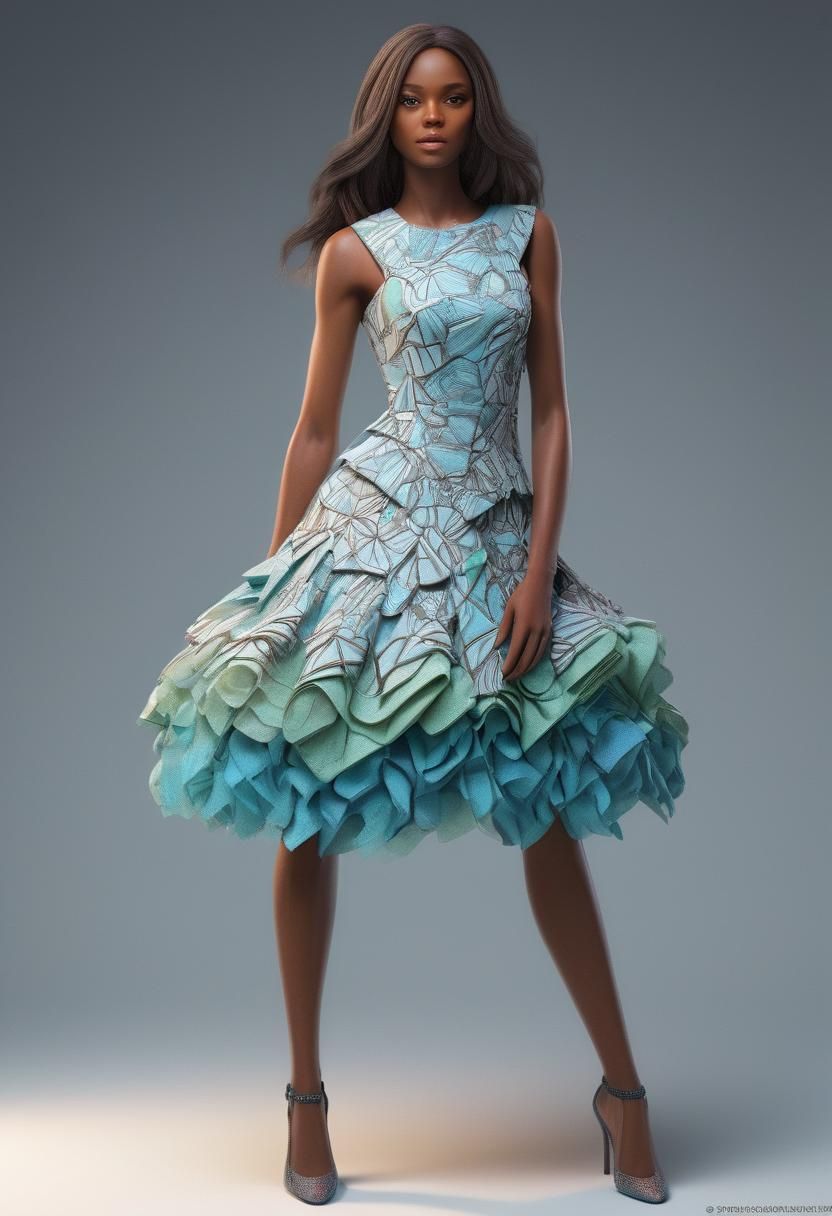 Hyperrealistic Model Showcases Intricate Dress in 3D Concept...