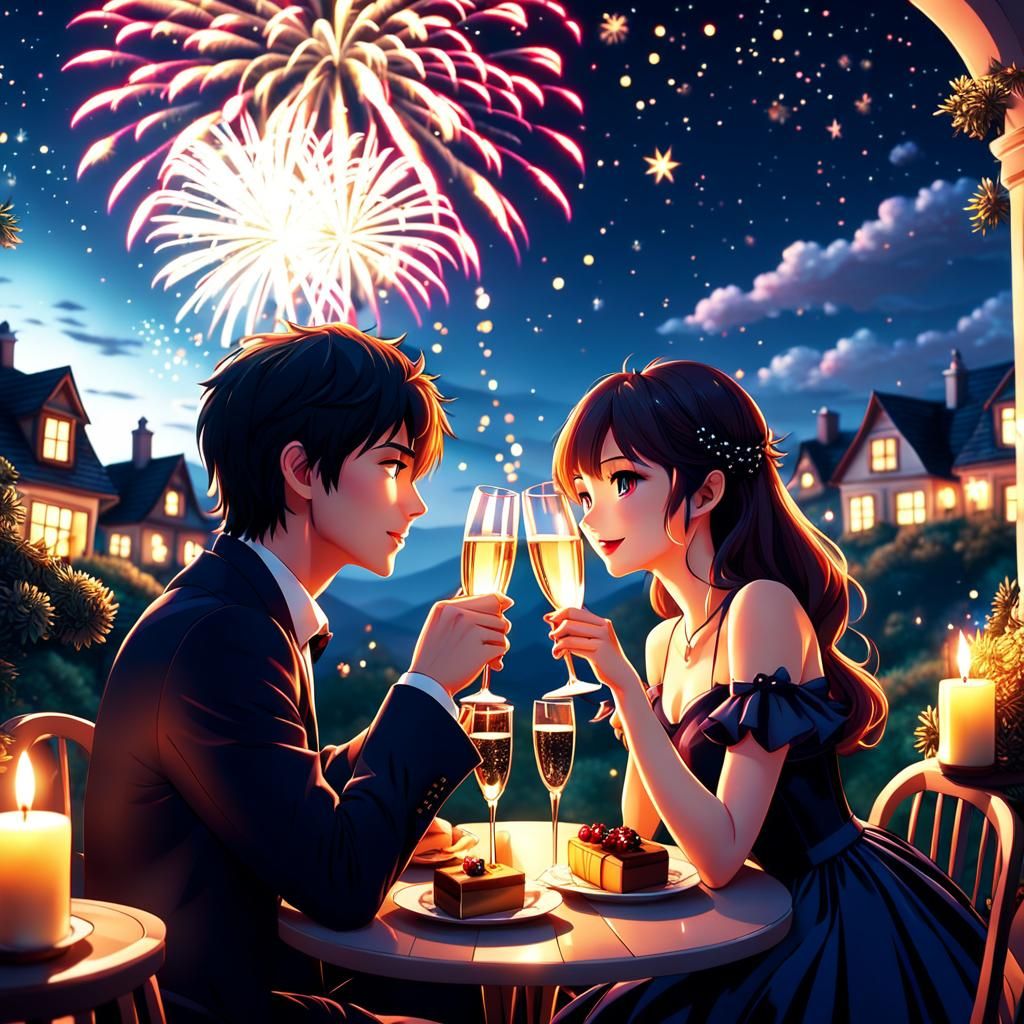 Romantic New Year's Eve in Anime-Realism Style
