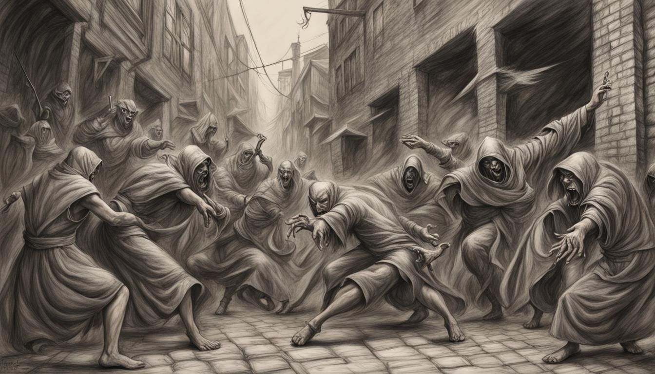Metamorphs Fight Sorcerer in Dirty Alley: Charcoal Drawing