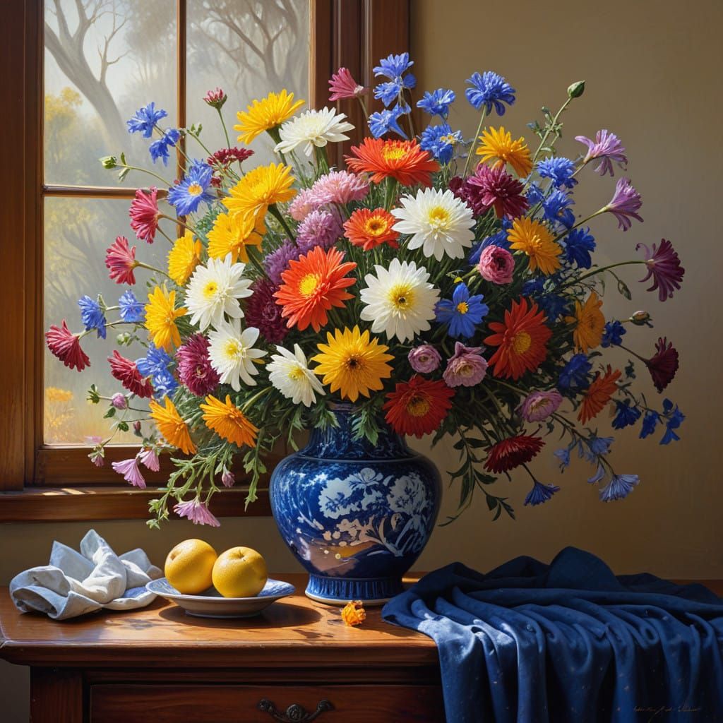 Impasto Still Life of Vibrant Chrysanthemums and Roses