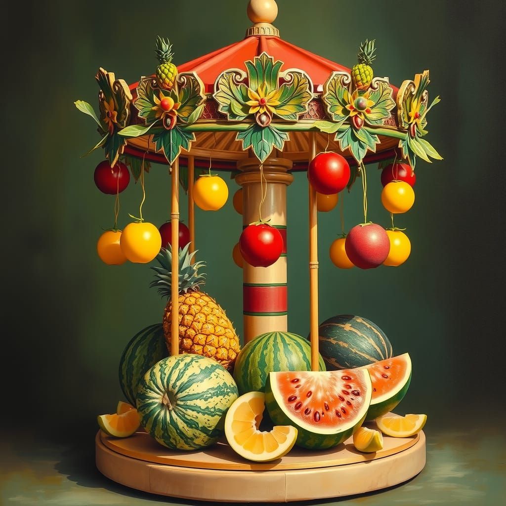 Fruit Carousel Made of Pineapples and Watermelons, Oil Paint...