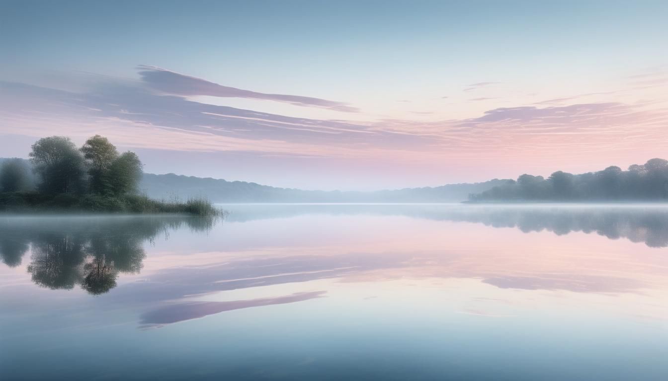 Serene Dawn Lake Landscape in Watercolor Style