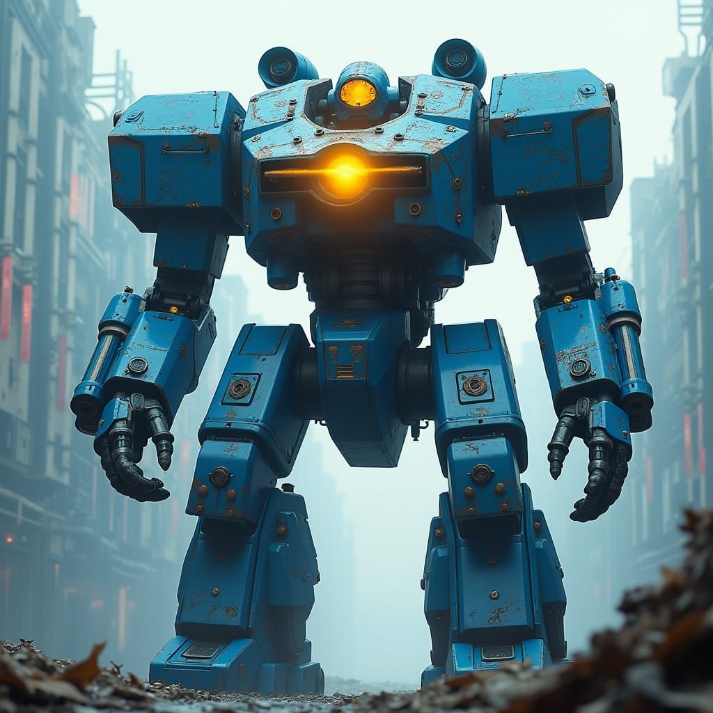 Blue Giant Mech with Yellow Visor, Detailed Matte Painting