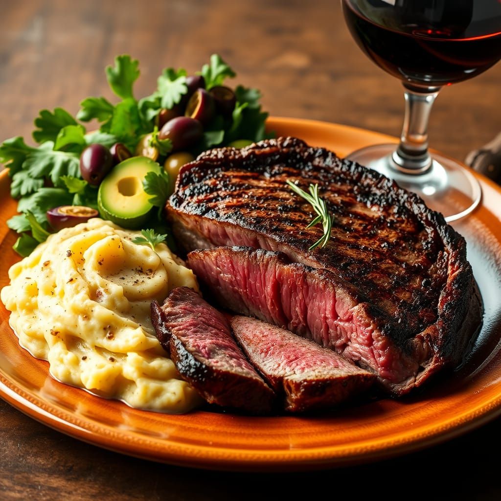 Realistic Still Life of Steak, Mashed Potatoes, and Salad wi...