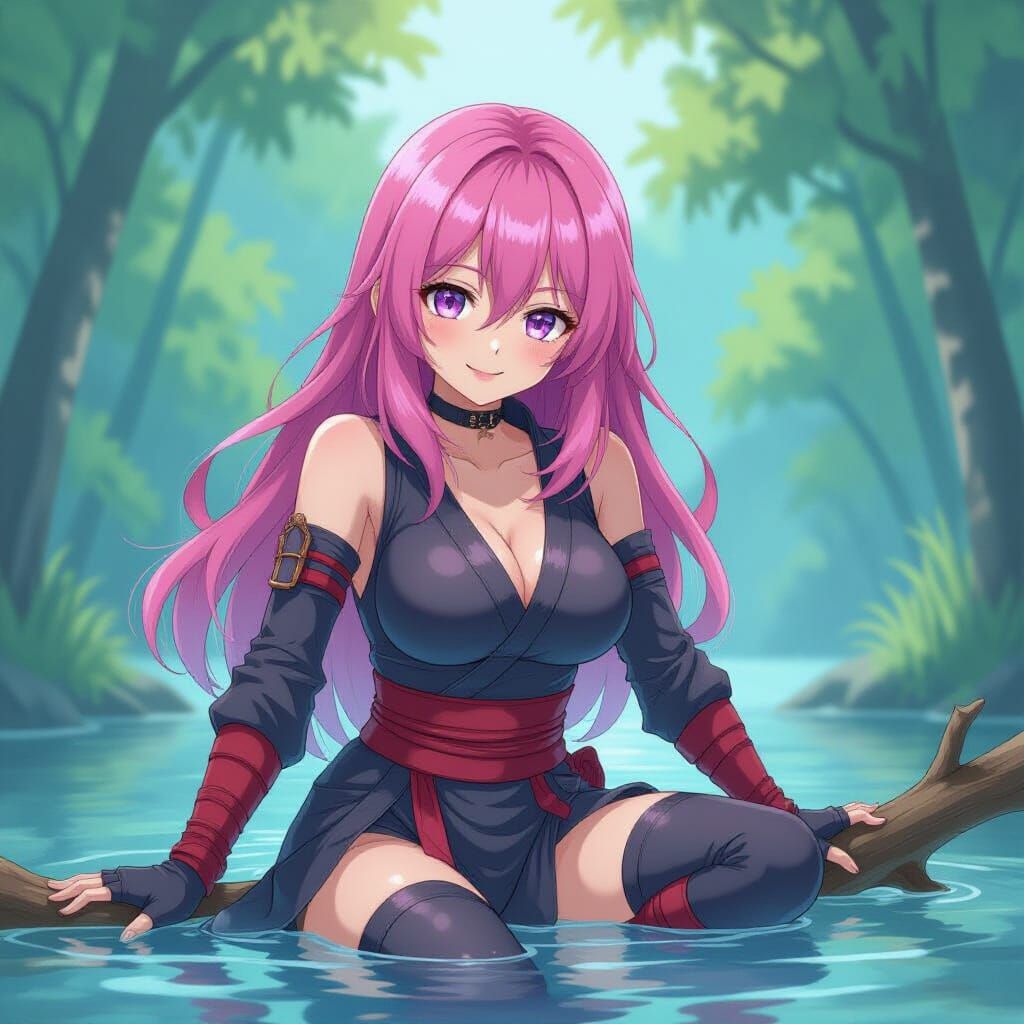 Anime Ninja Girl in Watercolor Alcohol Ink Style