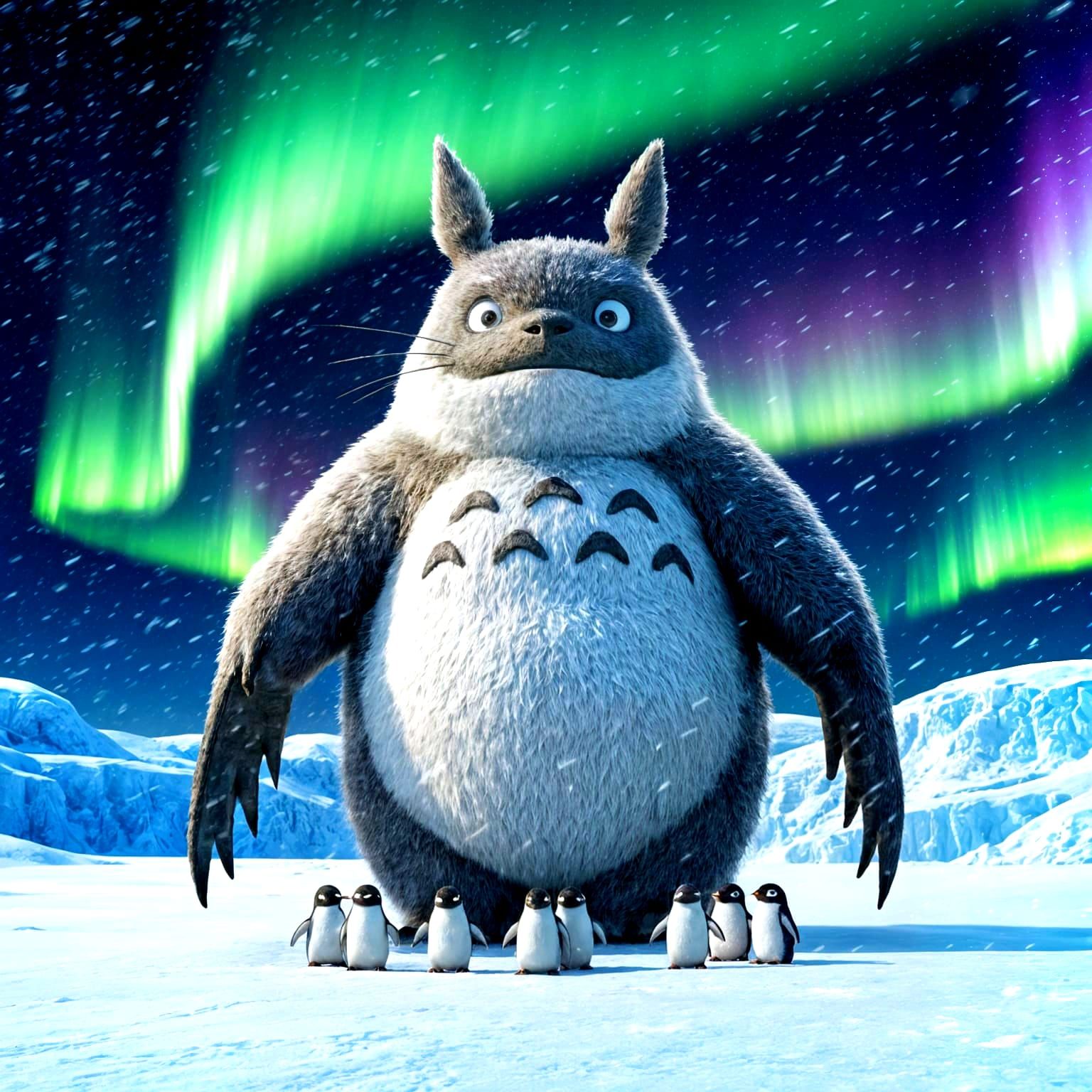 Gentle Giant Protecting Penguins in Snowy Landscape