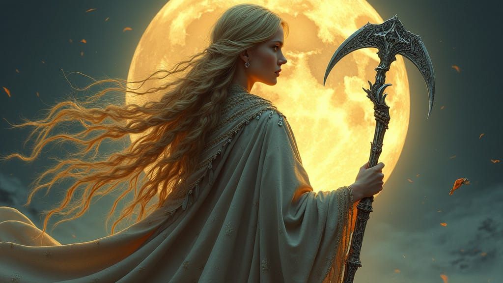 Slavic Goddess Morena Under Moonlight with Sickle