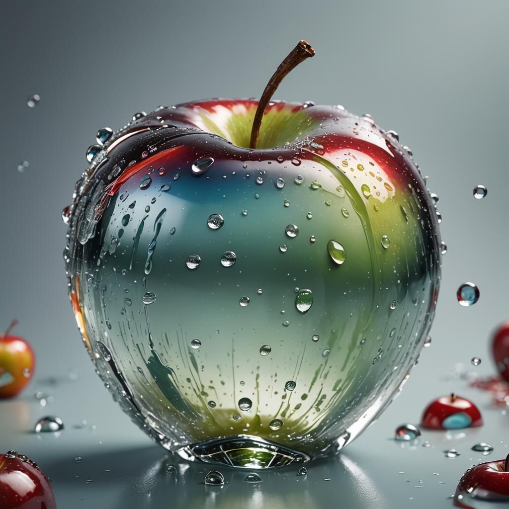 Hyperrealistic Dewy Glass Apple: Splash Art Concept