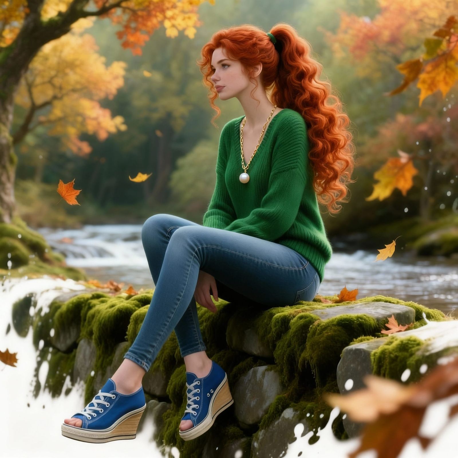 Beautiful model is sitting on a moss covered stone wall