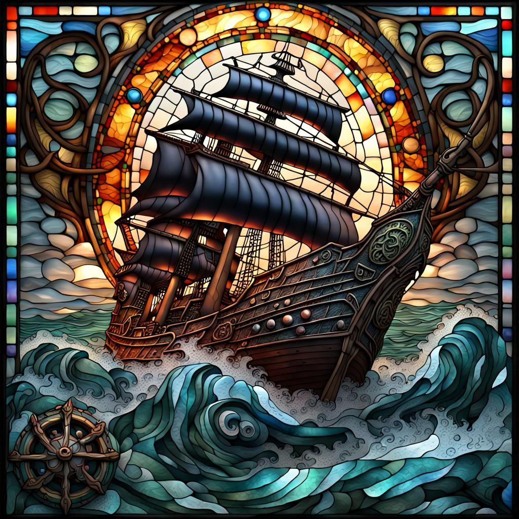 Stained Glass Kraken Envelops Ship in Stormy Sea