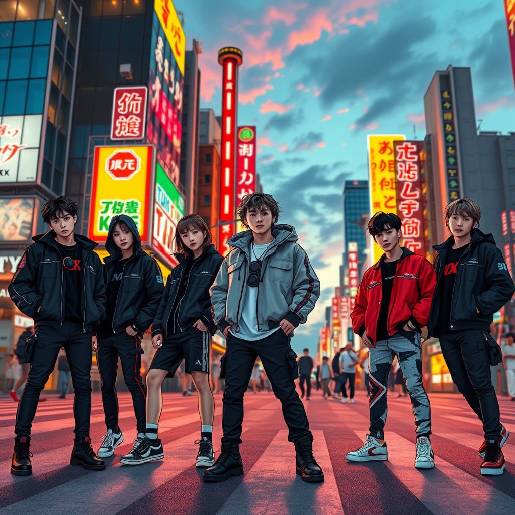 Stray Kids in Neon Cityscape: Graphic Novel Art
