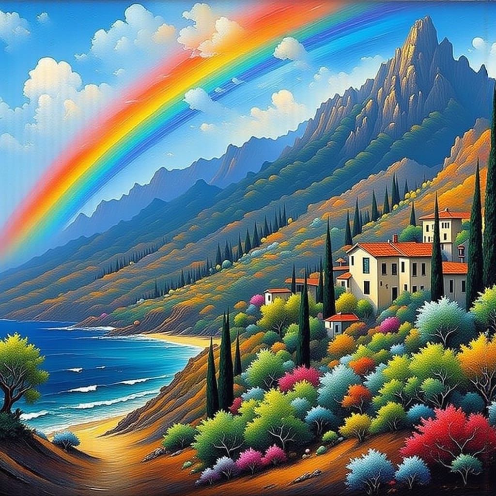 Rainbow over Mediterranean Sea in Impressionist Style