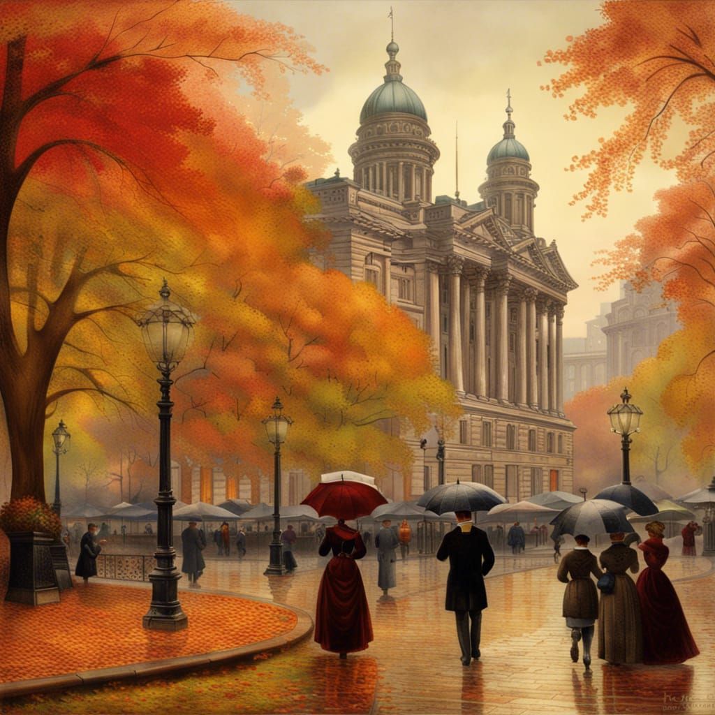 Gilded Age: Romantic Cityscape in Autumn Rain