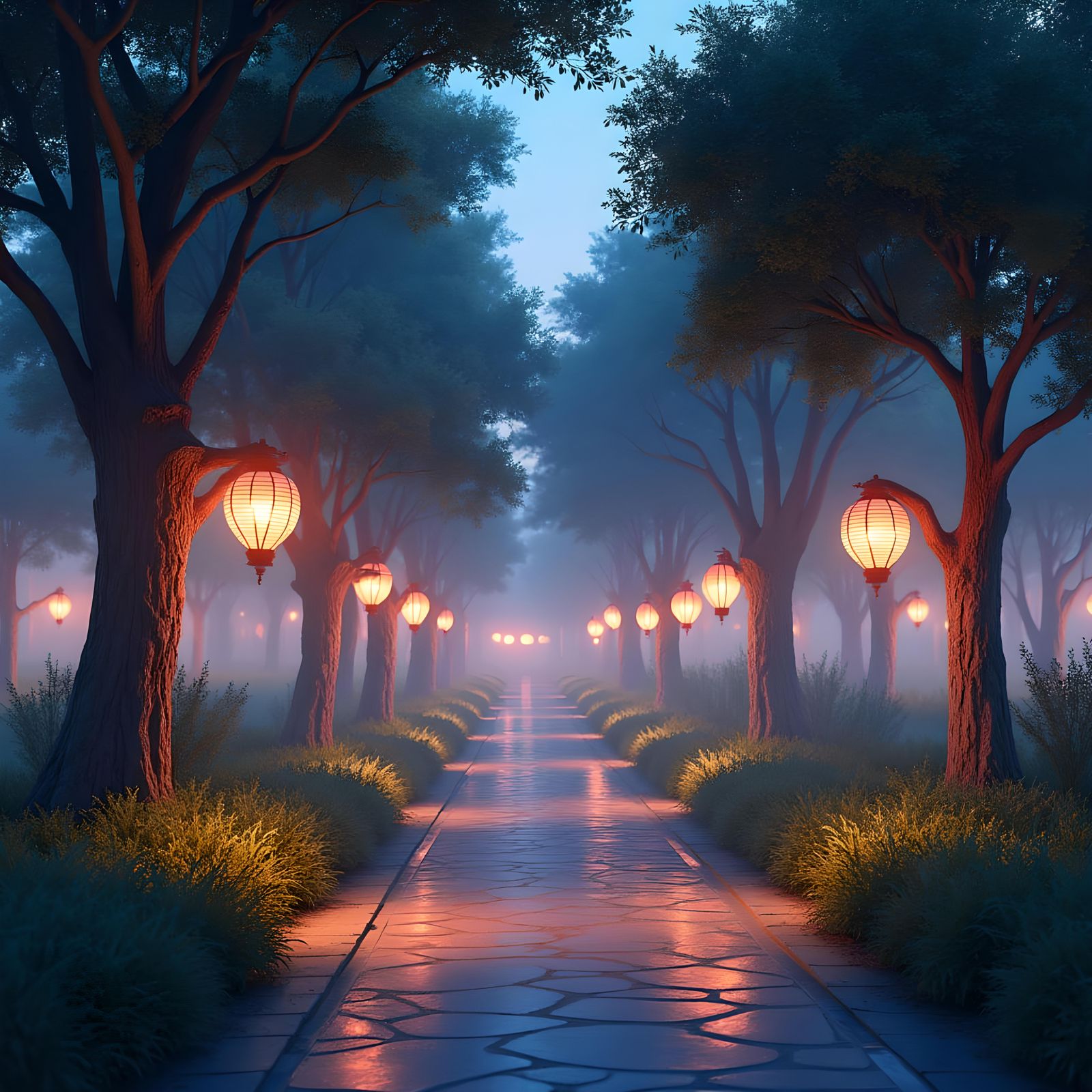 Peaceful Night Park Scene with Ambient Lighting