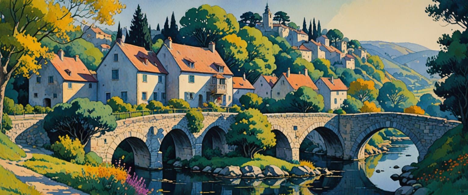 Magical Village with Arched Bridge in Impressionist Style
