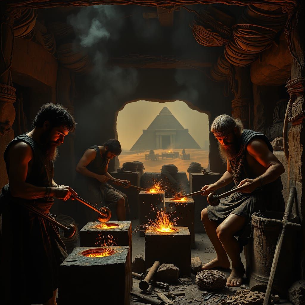 Mesopotamian Blacksmiths Forge Bronze Tools in Dramatic Ligh...