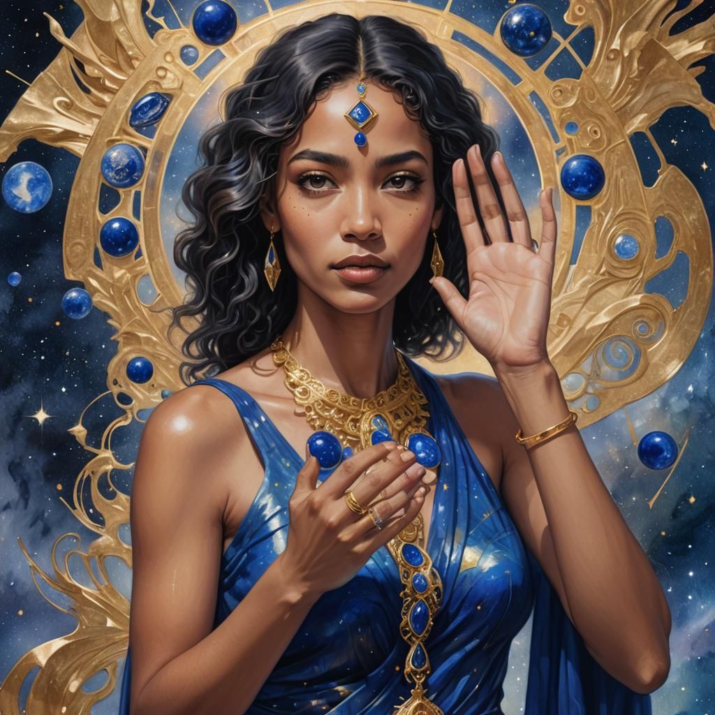 Ethereal Woman with Lapis Lazuli Crystal, Astral Illustratio...