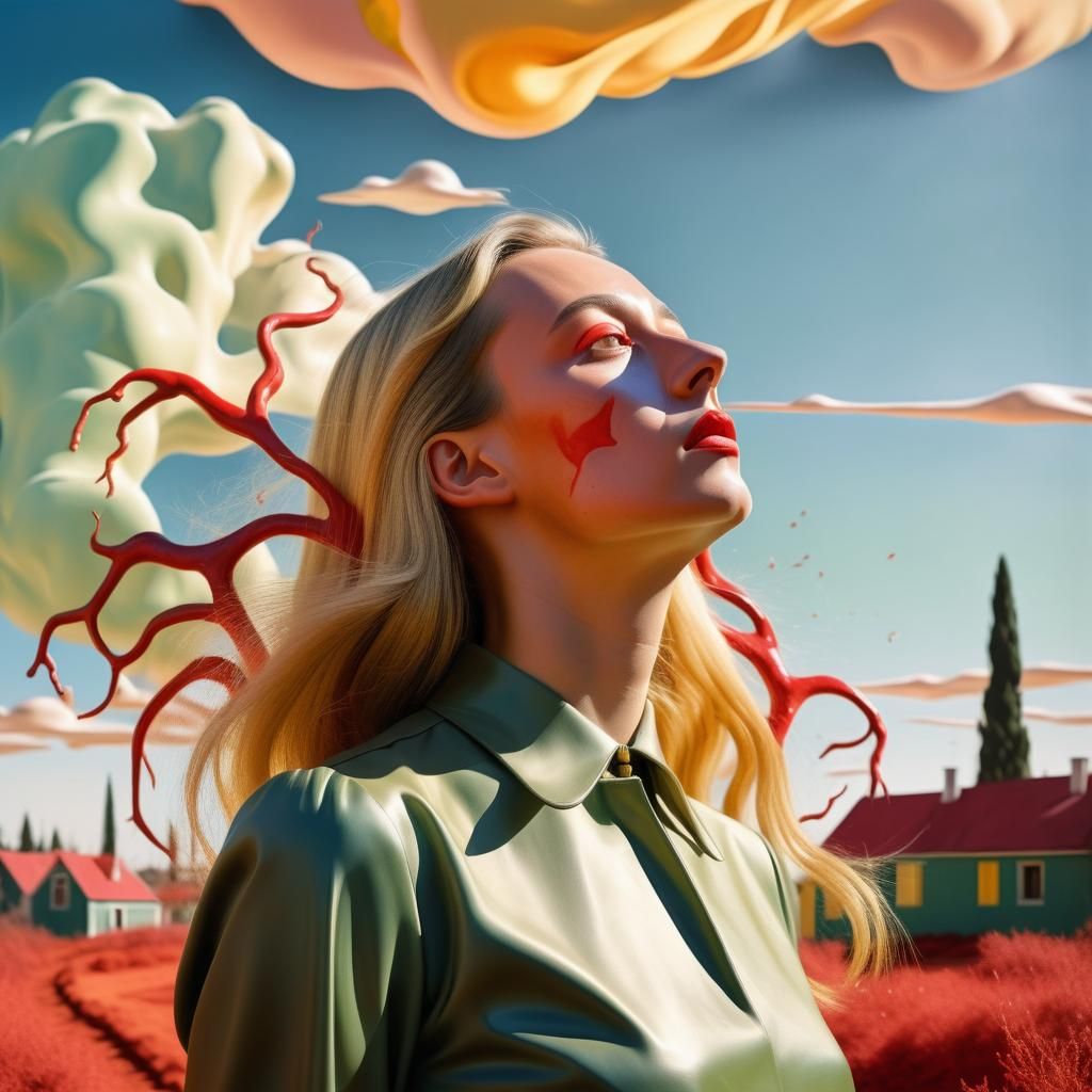Surreal Landscape with Red Sun and Blonde Girl