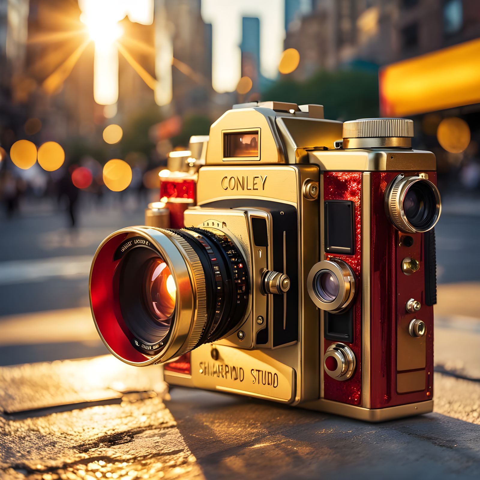Vintage Camera Reflecting City Street in Golden Hour