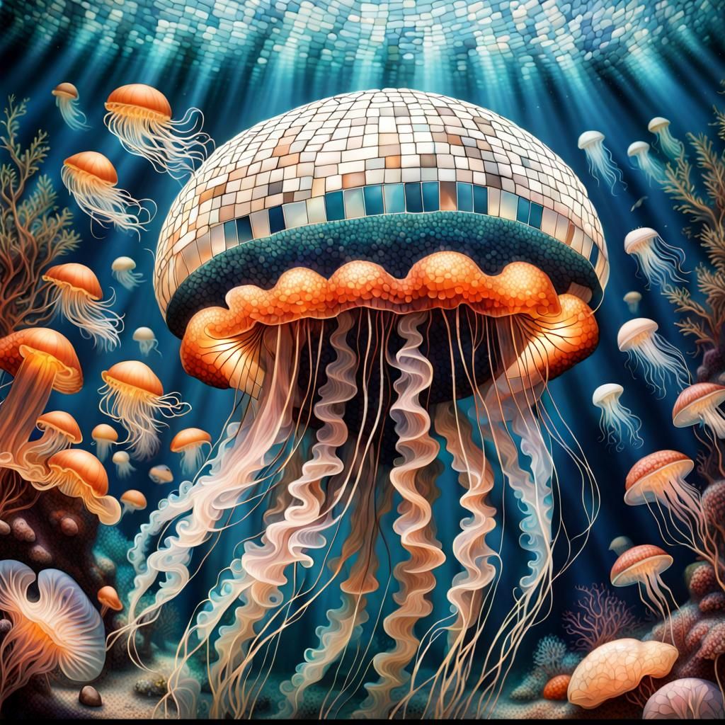 Hyperrealistic Mosaic Jellyfish in Secret Underwater Grotto