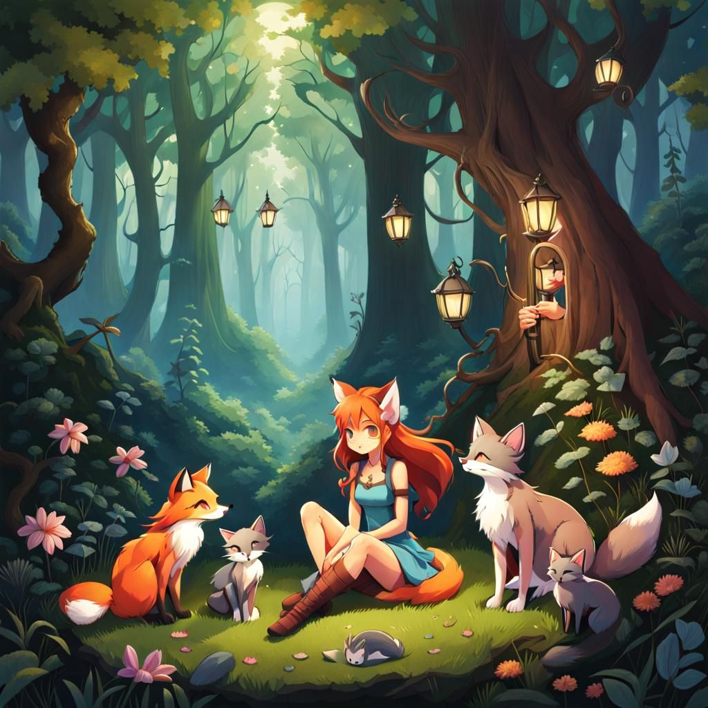 Fairy Girl with Cat and Fox Tramps in Forest