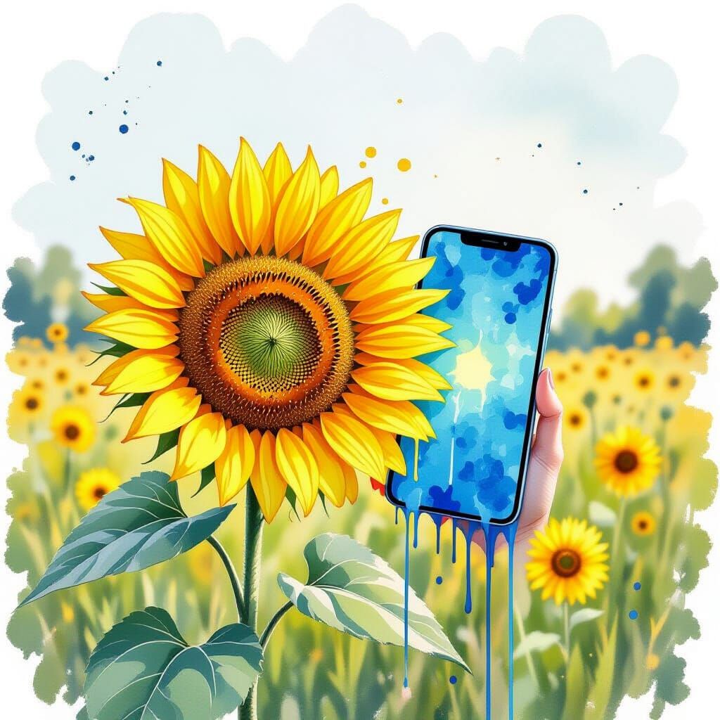 Sunflower Cell Phone with Blue Graffiti Strokes