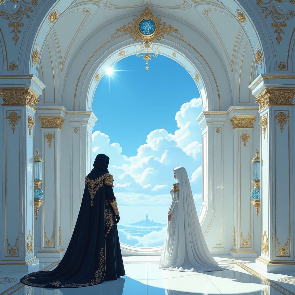 Elegant Figures Gaze from Crystal Window with Painterly Text...