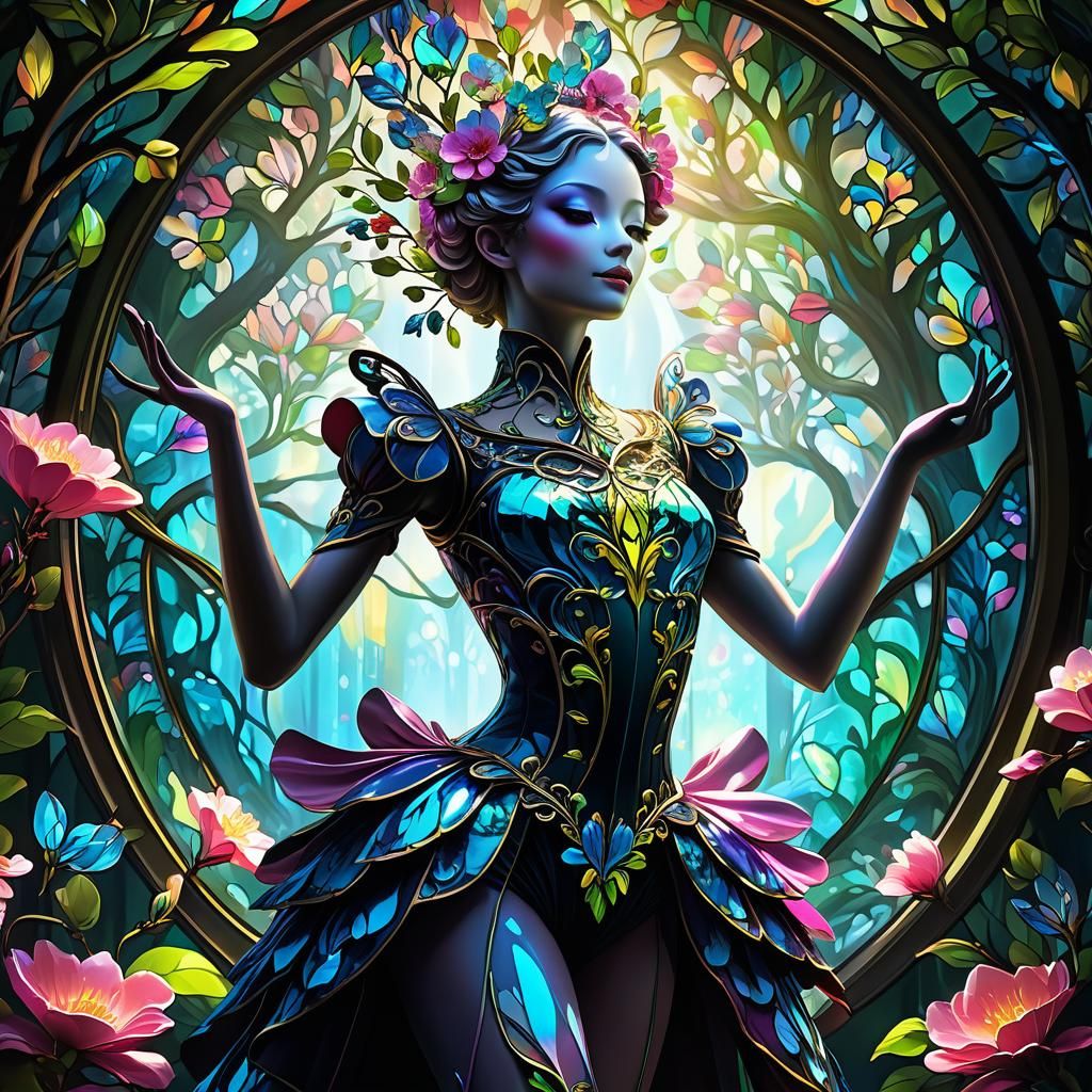 Stained Glass Floral Humanoid in Dark Spring Horror