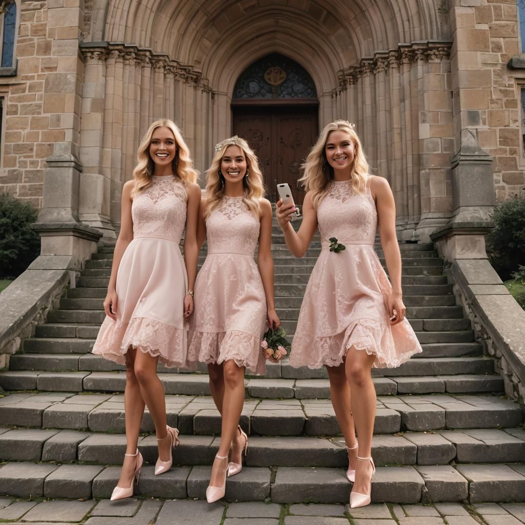 Humorous Photo of Three Figures in Pink Dresses
