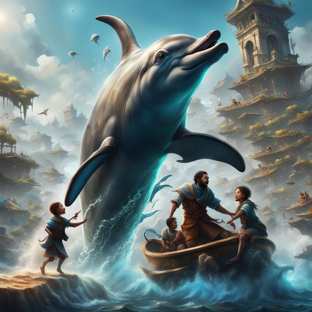 Playful Dolphin Illustration with Children in Deep Color