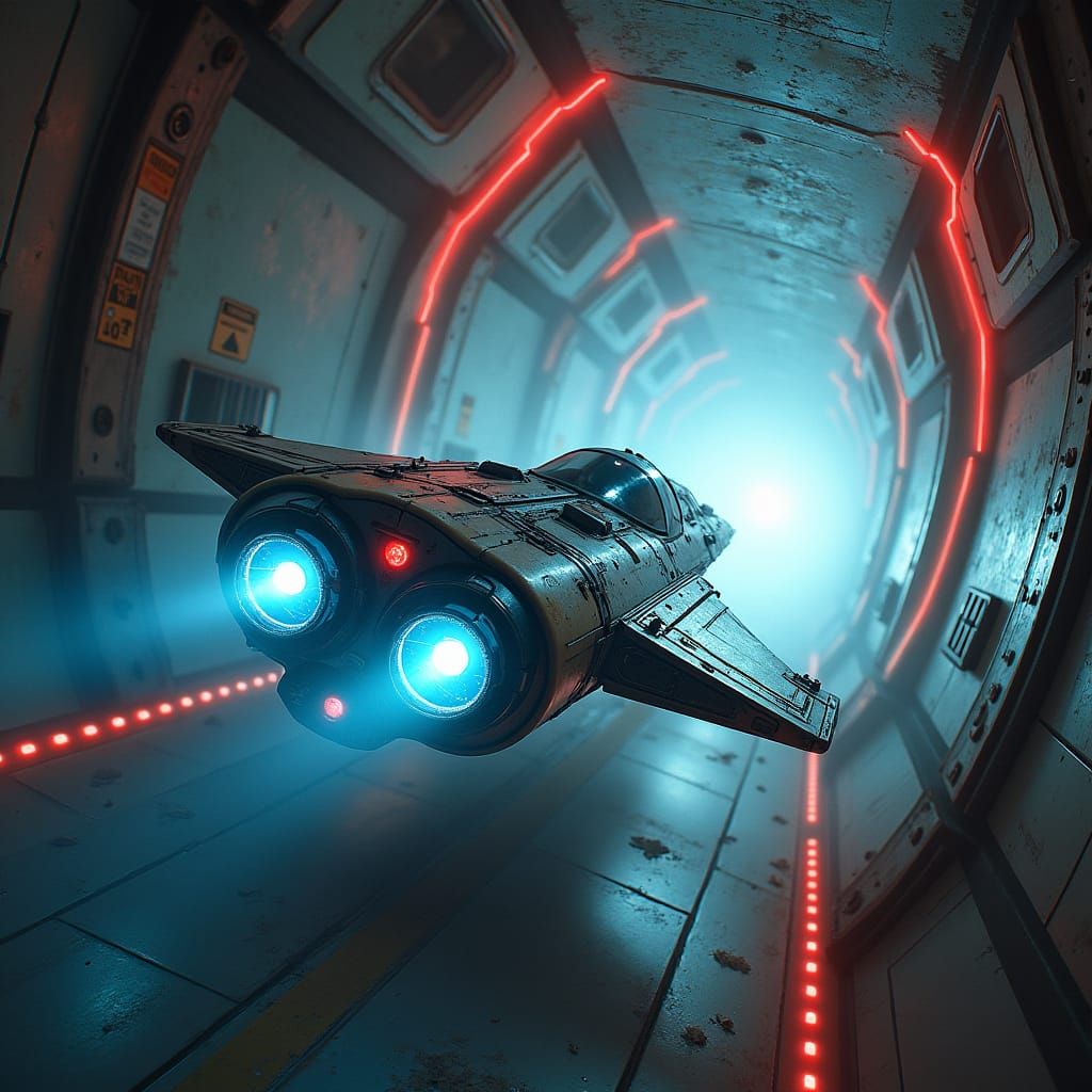 Sleek Spaceship Escapes Industrial Space Station