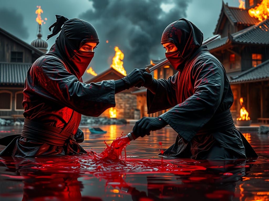 Ninjas Duel in Burning Village, Hyperrealistic Photography