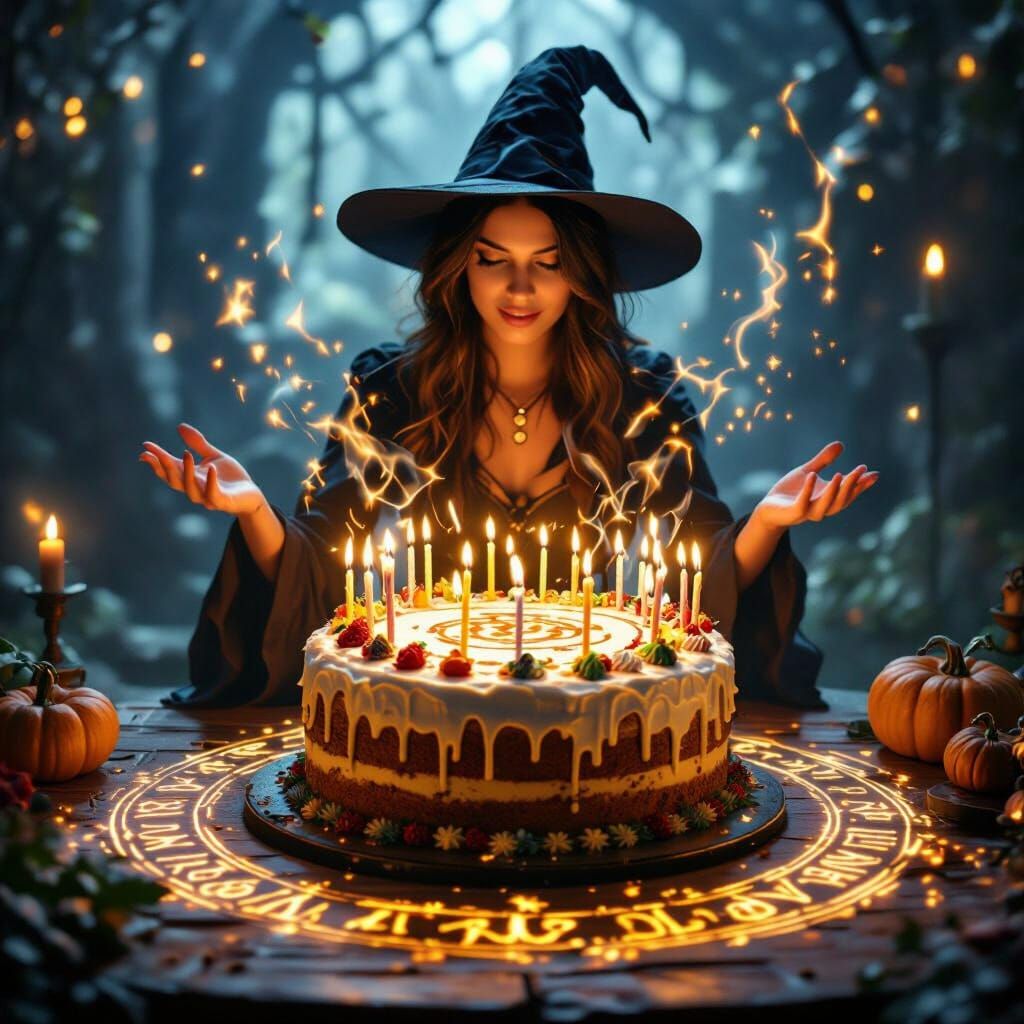 Birthday Witch Conjures Cake with Glowing Magic Circle