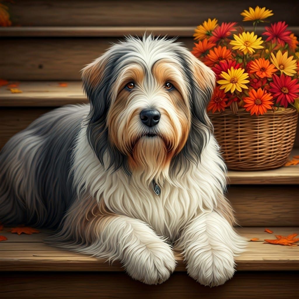 Bearded Collie with Autumn Flowers, as Oil Painting