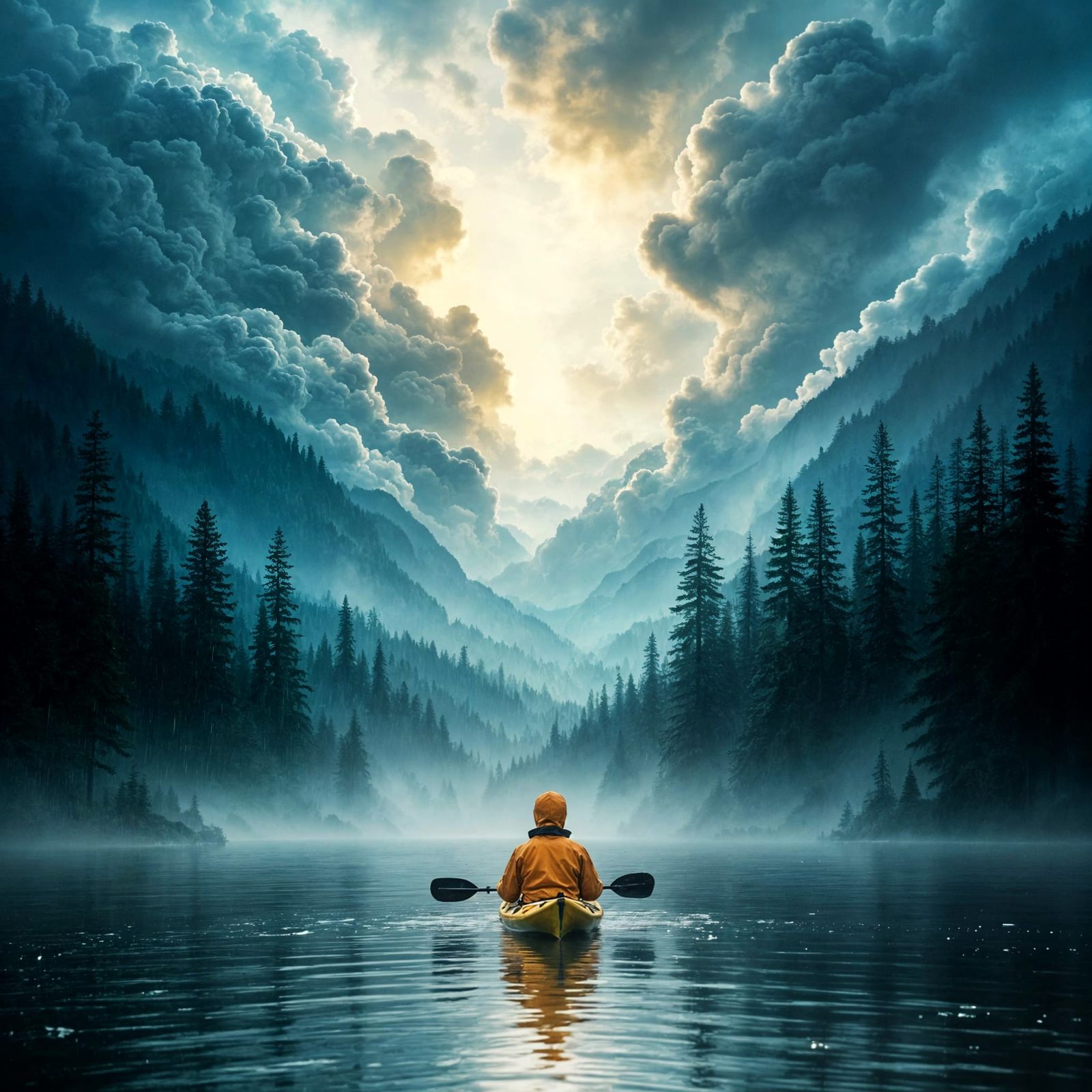 Man in Kayak Faces Stormy Sky in Abstract Reality