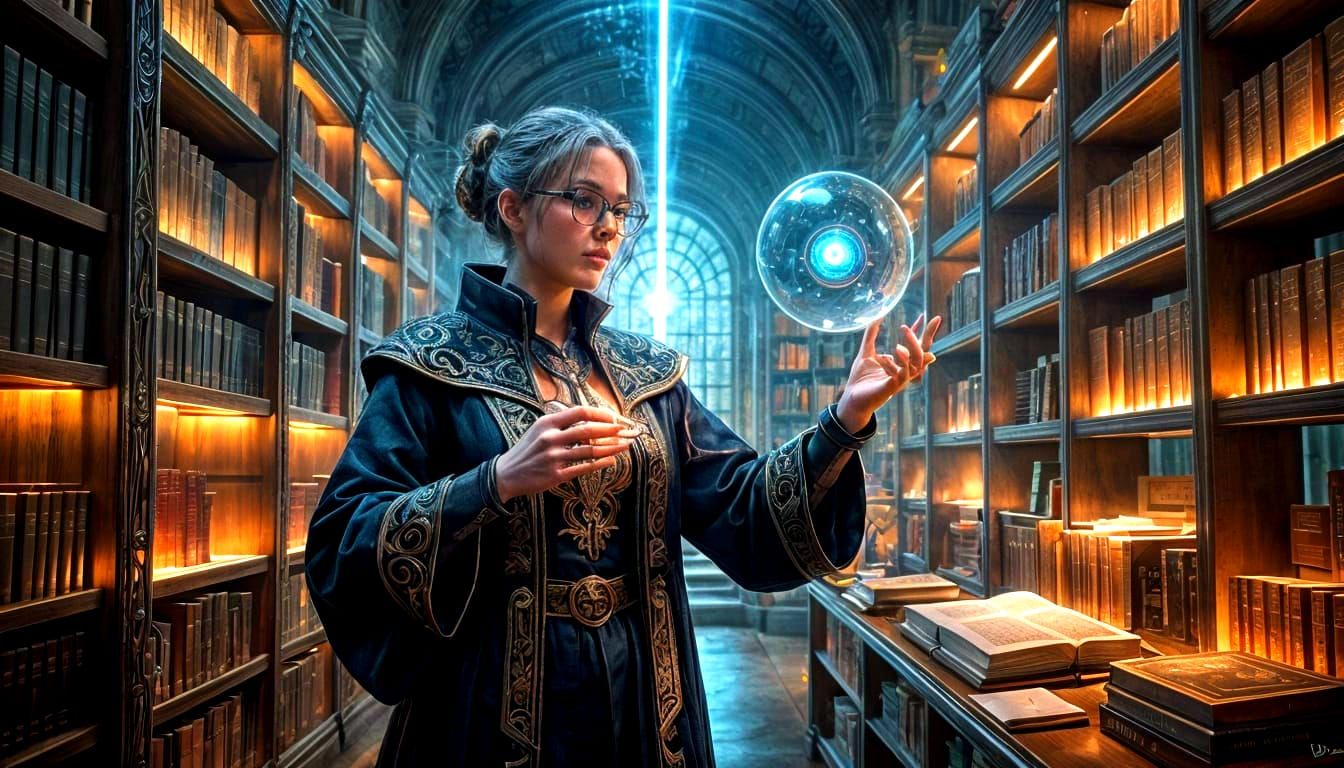 Futuristic Library with Holographic Displays, Hyperrealistic...