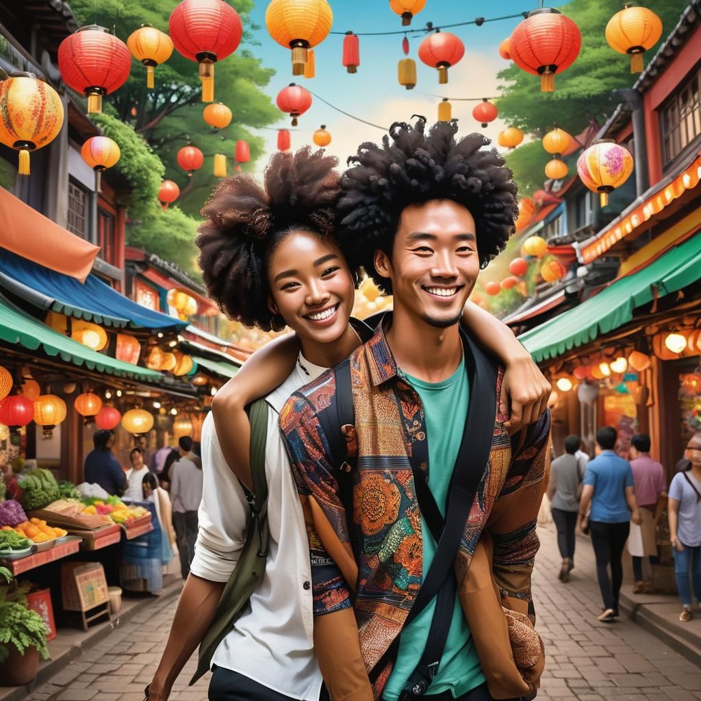 Korean Man Piggyback Ride to Girlfriend in Colorful Market