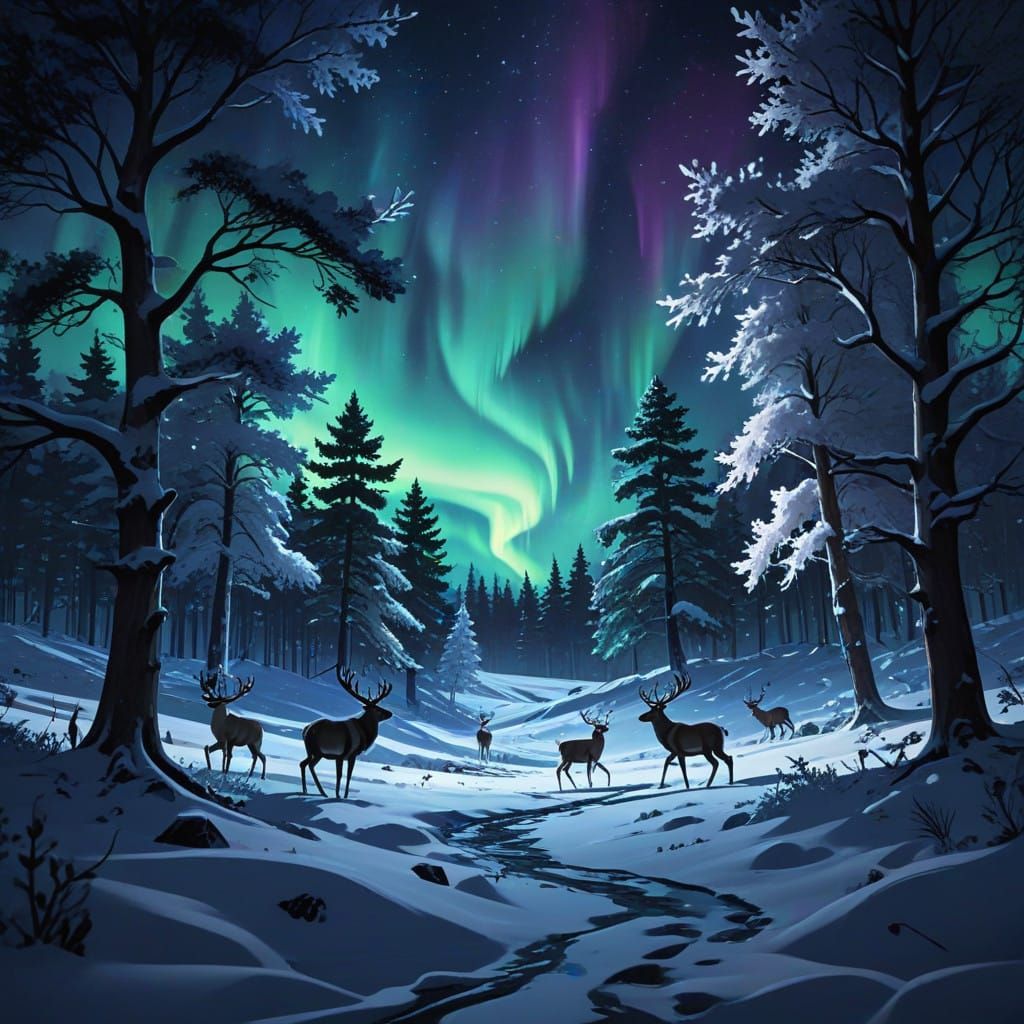 Northern Lights Dance Across Snowy Winter Wonderland