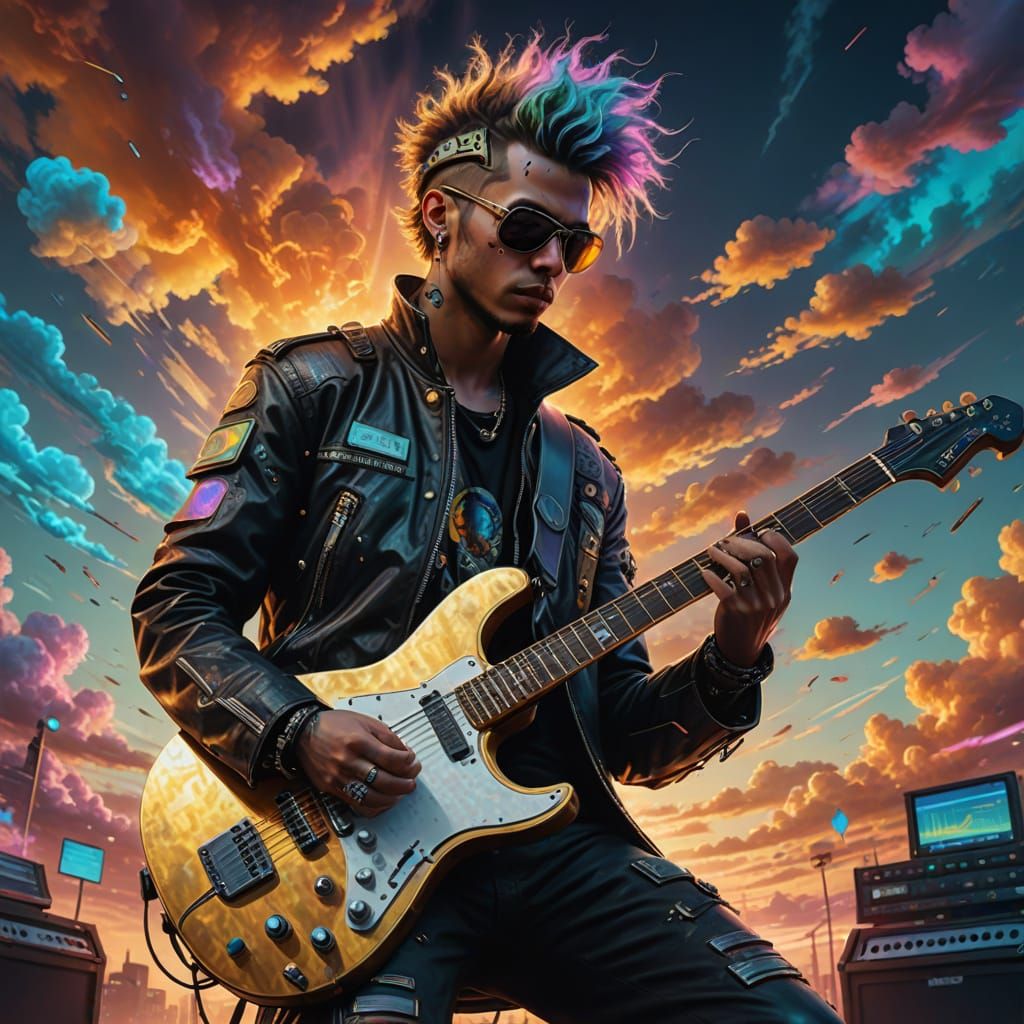 Cyberpunk Guitarist Amidst Spectral Color Clouds