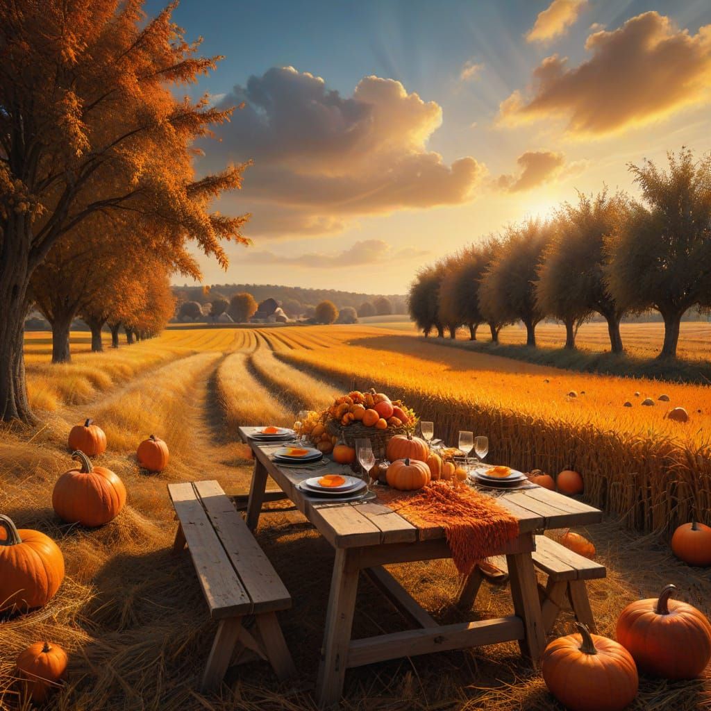 Autumn Harvest Scene in Golden Wheat Field