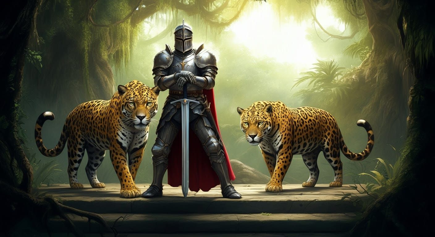 Knight in Shining Armor Surrounded by Jaguars in a Jungle Cl...